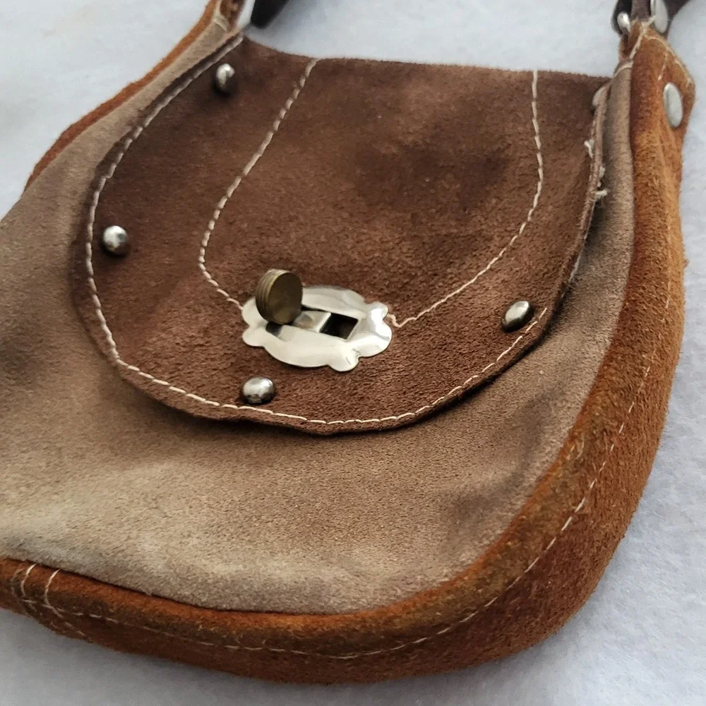 Vintage Brown Leather Hand Crafted Purse Bag Mini Hippie Retro‎ Hobo